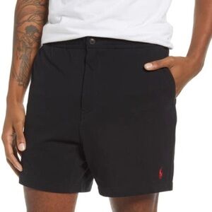 FLAT FRONT PIQUE SHORTS IN POLO BLACK WITH RED LOGO
